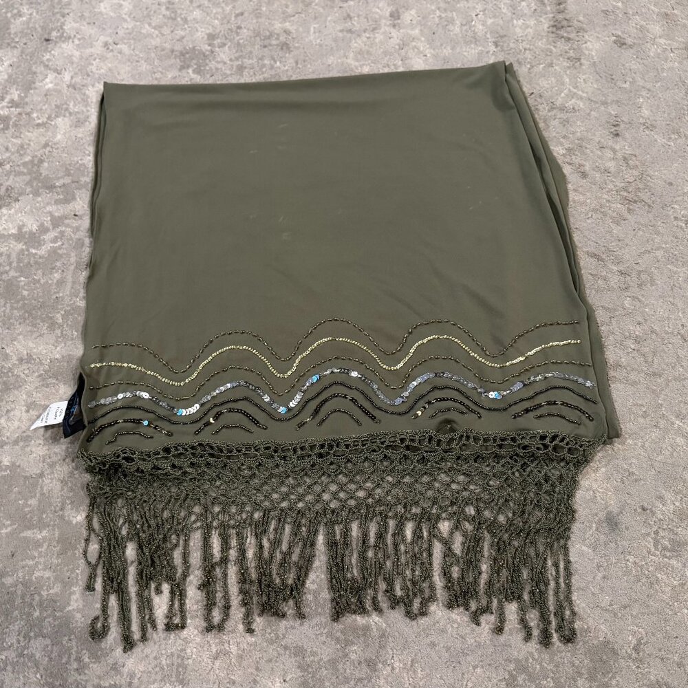 Designer Sue Wong 8 Evening Scarf Shawl Runner Green Gold Silver Hand Beaded